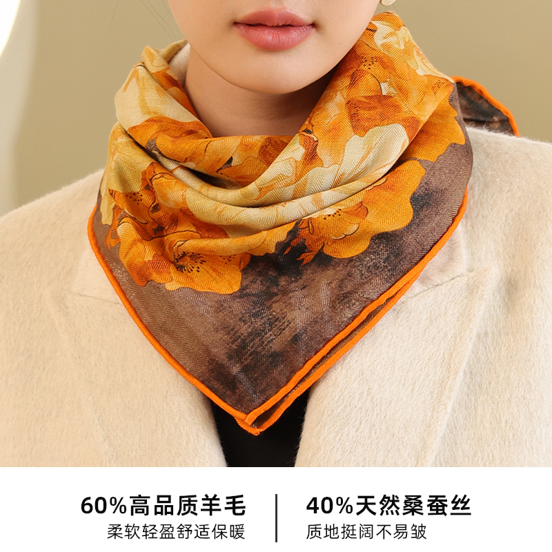 上海故事2024春季新款真丝方巾桑蚕丝绵羊毛围巾双面送长辈礼盒装