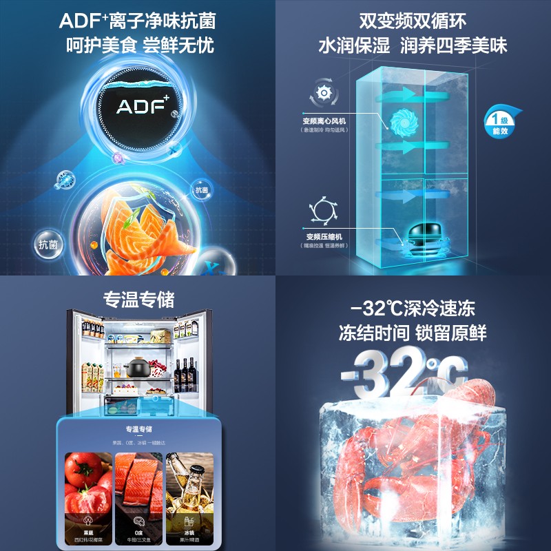美菱冰箱415升十字四门家用风冷一级变频超薄嵌入式离子净味抗菌