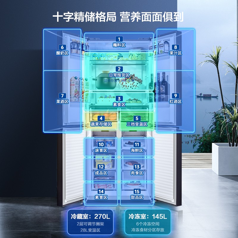 美菱冰箱415升十字四门家用风冷一级变频超薄嵌入式离子净味抗菌