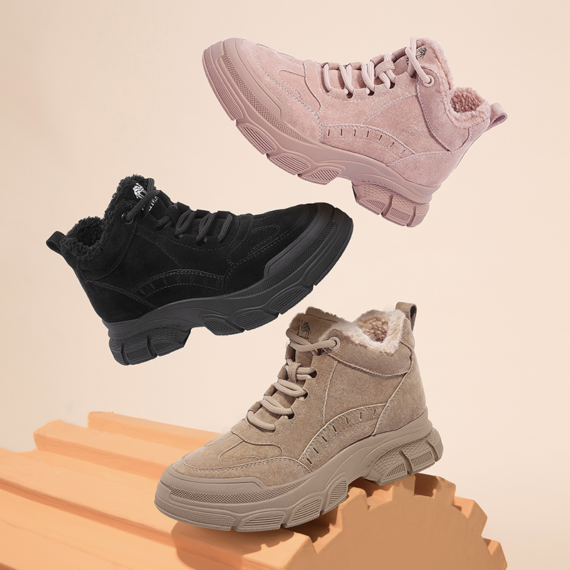 骆驼女鞋2023秋冬季新款加绒马丁靴厚底雪地靴女工装靴子短靴棉鞋