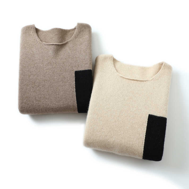 笃定业界品质！加厚圆领羊绒衫女拼色纯羊绒毛衣针织衫宽松慵懒风