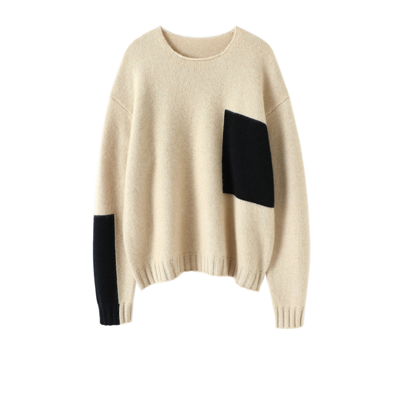 笃定业界品质！加厚圆领羊绒衫女拼色纯羊绒毛衣针织衫宽松慵懒风
