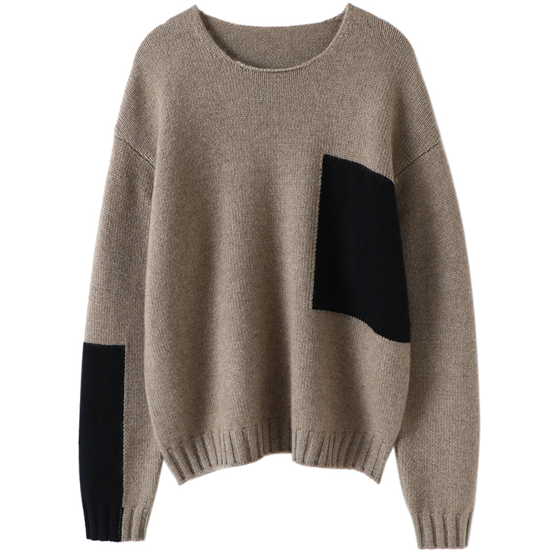 笃定业界品质！加厚圆领羊绒衫女拼色纯羊绒毛衣针织衫宽松慵懒风