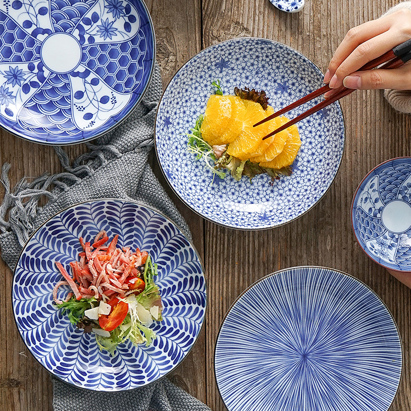 爱悦居日本进口陶瓷蓝绘变饭碗菜盘10件家用日式餐具和风碗盘套装
