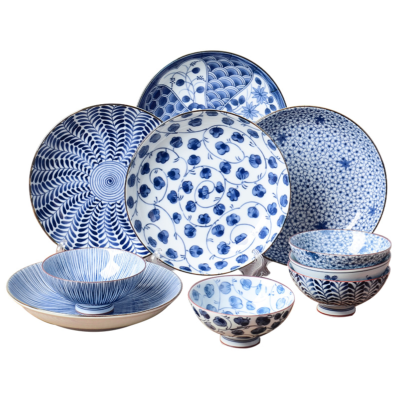 爱悦居日本进口陶瓷蓝绘变饭碗菜盘10件家用日式餐具和风碗盘套装