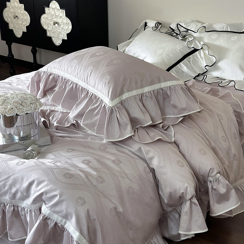 高级感100支全棉提花四件套纯棉暮光紫色床单荷叶边被套床上用品