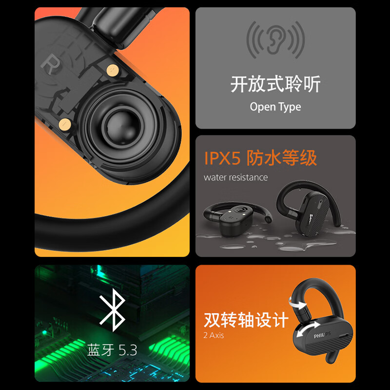 飞利浦开放式真无线耳机蓝牙5.3长续航降噪气传导耳机TAA6708