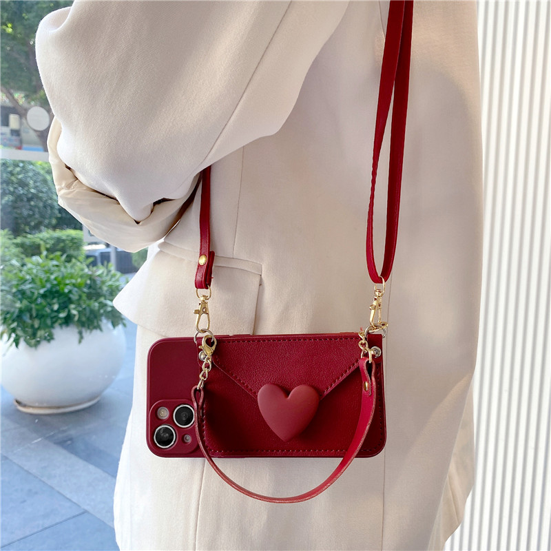 酒红色爱心零钱包适用opporeno11手机壳reno10/8/7pro斜挎9pro/5k背带findx7/6挂绳A97/A93/A58硅胶全包K11女