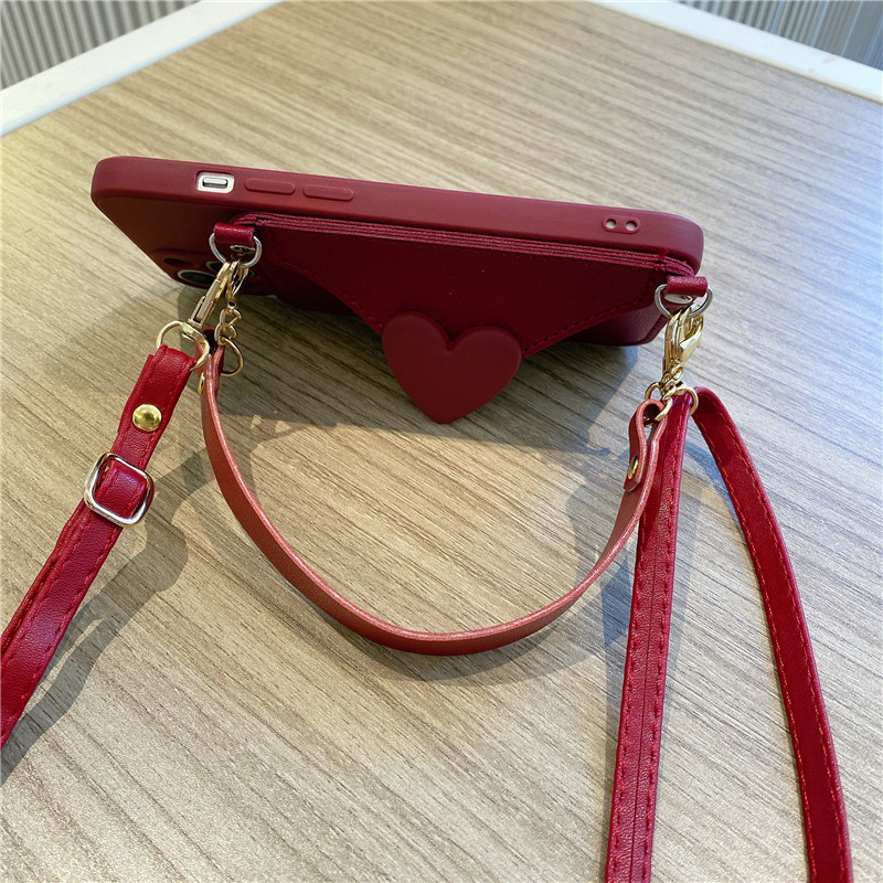 酒红色爱心零钱包适用opporeno11手机壳reno10/8/7pro斜挎9pro/5k背带findx7/6挂绳A97/A93/A58硅胶全包K11女