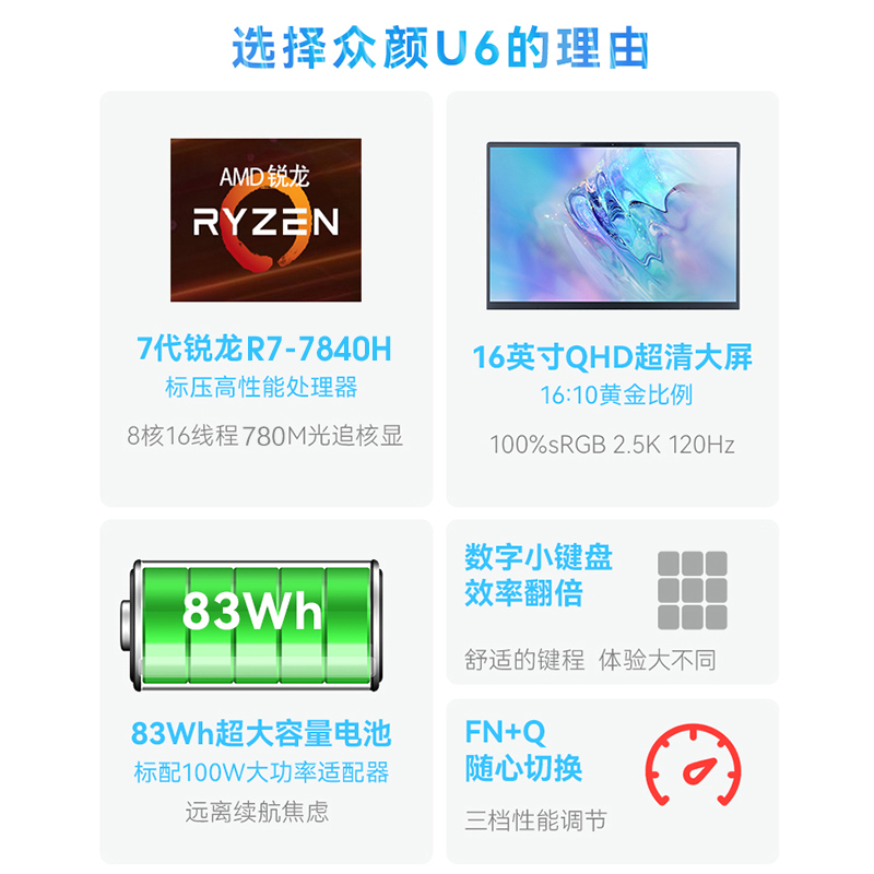 火影众颜U6 R7-7840H/7735H 16英寸2.5K屏金属轻薄商务笔记本电脑