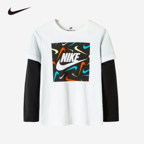 nike耐克小童装男童长袖t恤春秋儿童假两件针织休闲上衣打底衫纯白色