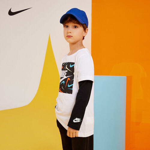nike耐克小童装男童长袖t恤春秋儿童假两件针织休闲上衣打底衫纯白色