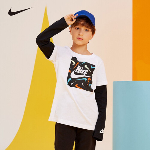 nike耐克小童装男童长袖t恤春秋儿童假两件针织休闲上衣打底衫纯白色