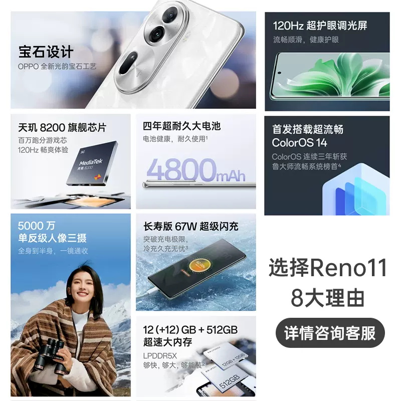 【12期免息】OPPO Reno11 opporeno11新款手机0ppo手机官方旗舰店正品5G新款11+十系列oppoAI手机天玑8200