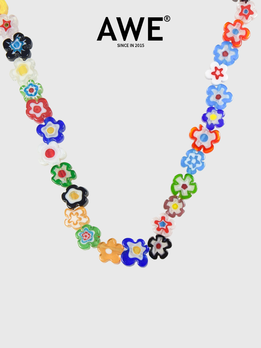 AWE官方正品迪丽热巴明星同款琉璃小花拼接彩色串珠项链女锁骨链