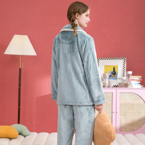 芬腾珊瑚绒睡衣女冬季加厚法兰绒开衫加绒休闲秋冬款家居服套装灰绿l