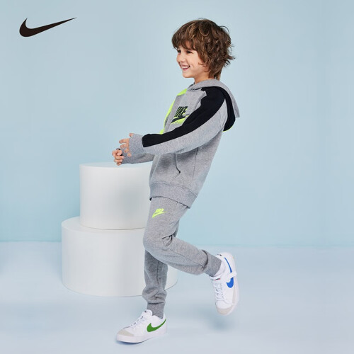 nike耐克小童装男童卫衣长裤2件套秋冬儿童薄绒连帽卫衣裤子套装岩层