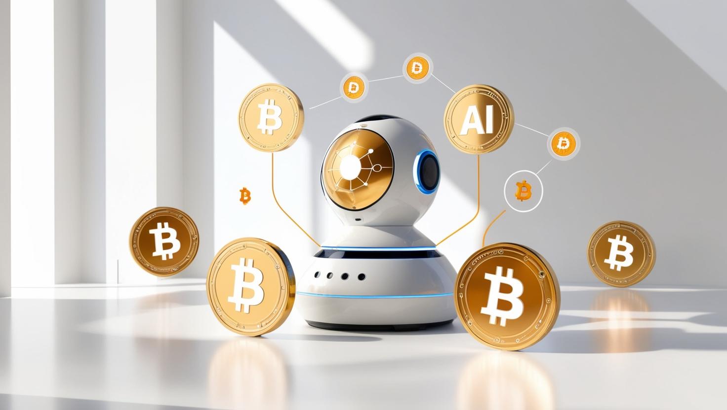 3D AI  integrated with blockchain network,  DeFi icons and digital coins in a light style, no more element, no word.jpg