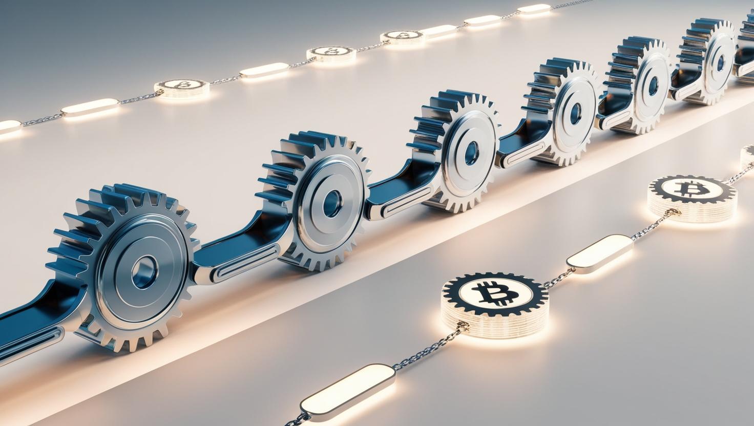 3D blockchain mechanics with interlocking gears, transaction blocks, and data flowing seamlessly through a chain, representing cryptocurrency functioning in a light style, no more element.jpg