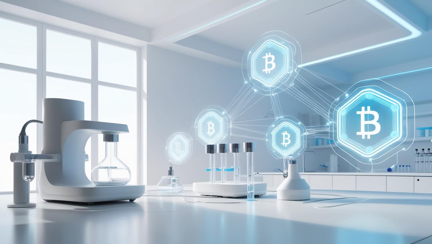 A futuristic 3D lab with scientific equipment, and blockchain nodes connecting scientific data across networks in a light style, no more element.jpg