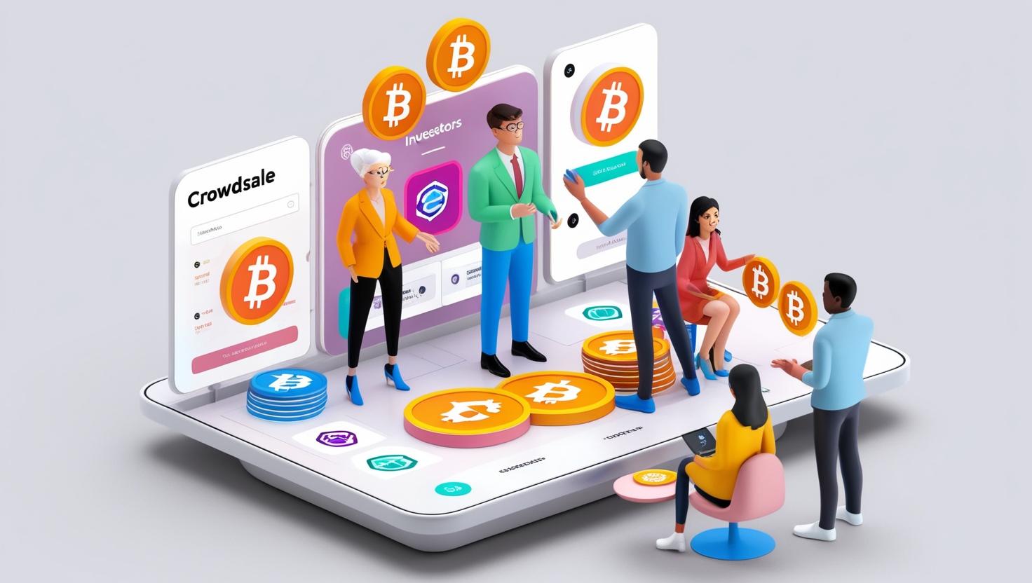 3D crowdsale interface with investors and cryptocurrency icons in a light style, no more element, no word.jpg
