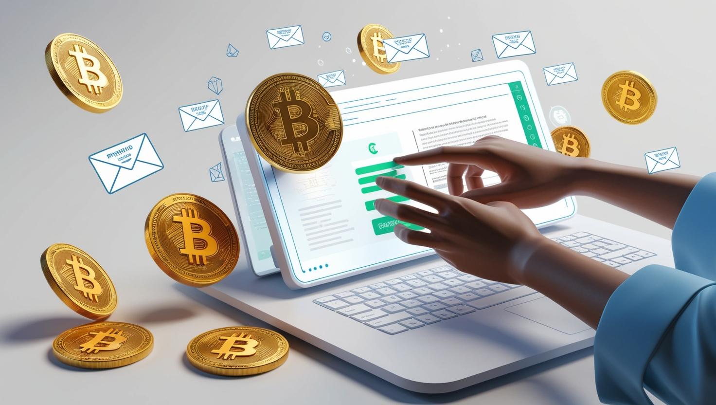 3D render of a hacker manipulating a trusted platform interface, fake cryptocurrency coins and phishing emails floating around in a light style, no more element, no word.jpg