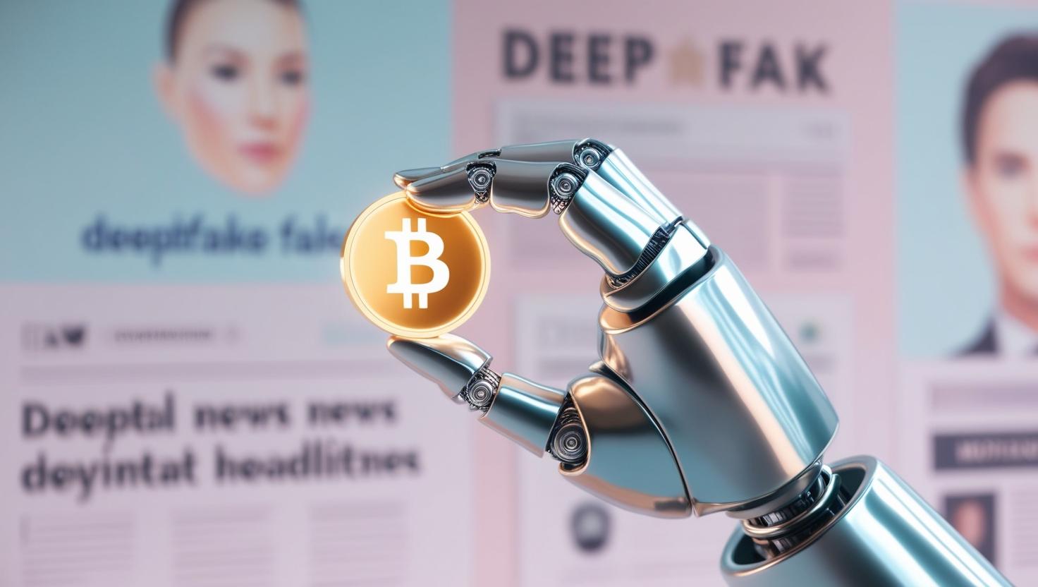 3D render of a robotic hand manipulating a digital coin, deepfake faces and fake news headlines in the background in a light style, no more element, no word.jpg
