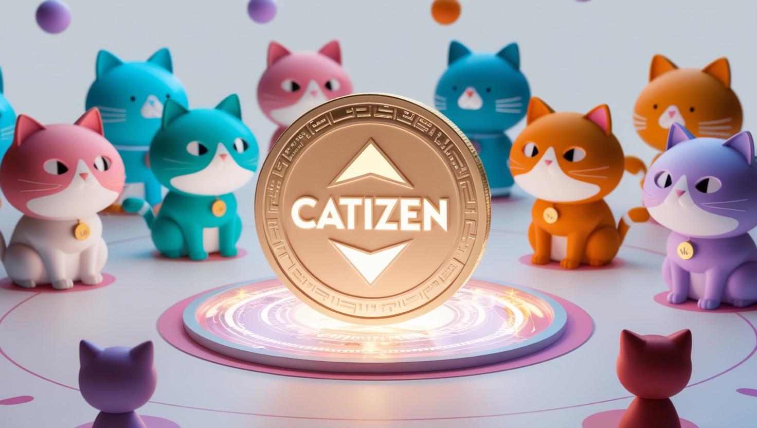 3D digital Catizen (CATI) token surrounded by interactive avatars of cats, glowing with vibrant blockchain lights in a light style, no more element, no text.jpg