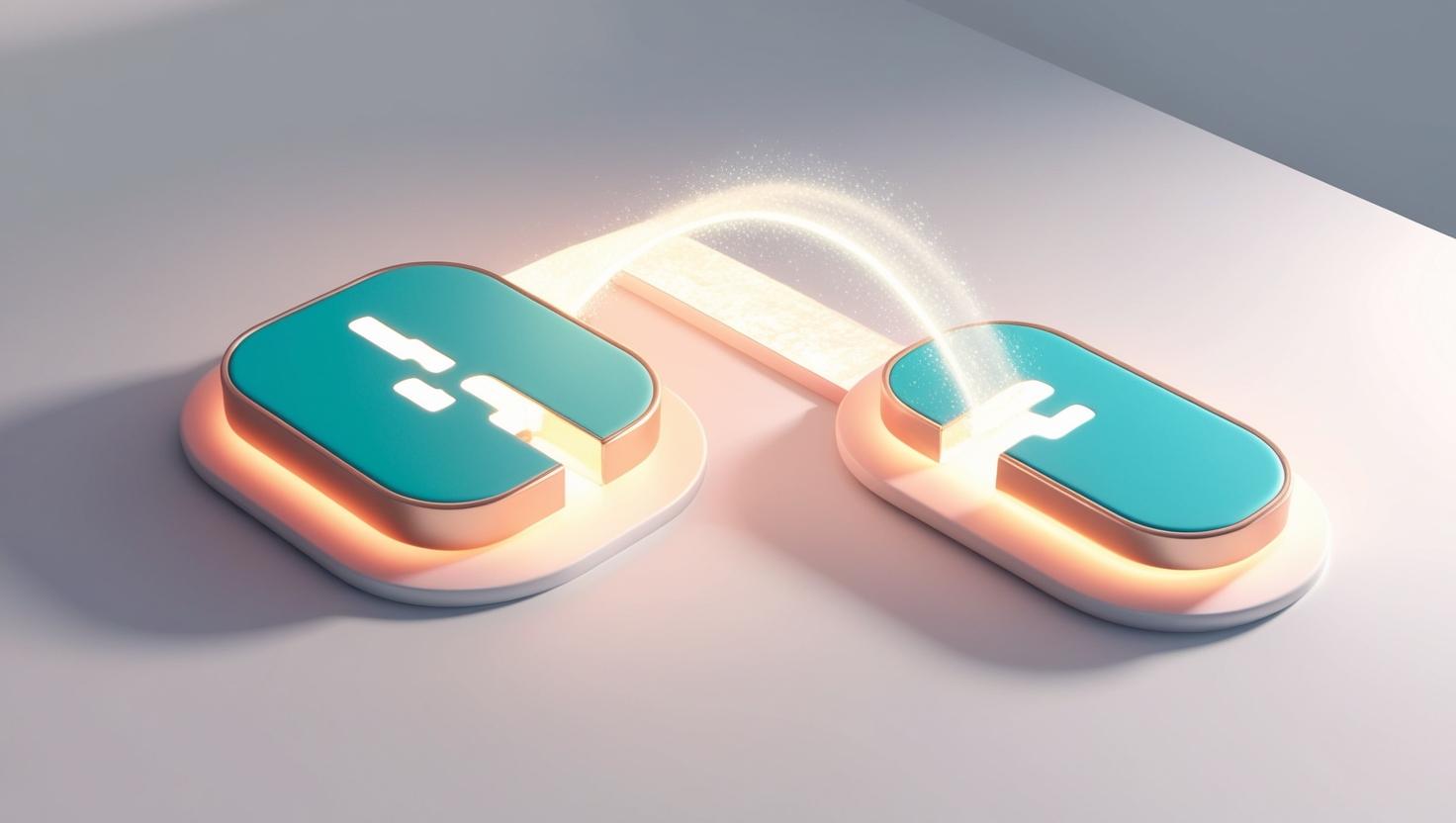 A 3D depiction of two separate blockchains connected by a glowing bridge, symbolizing the transfer of assets or data in  a light style, no more element (1).jpg
