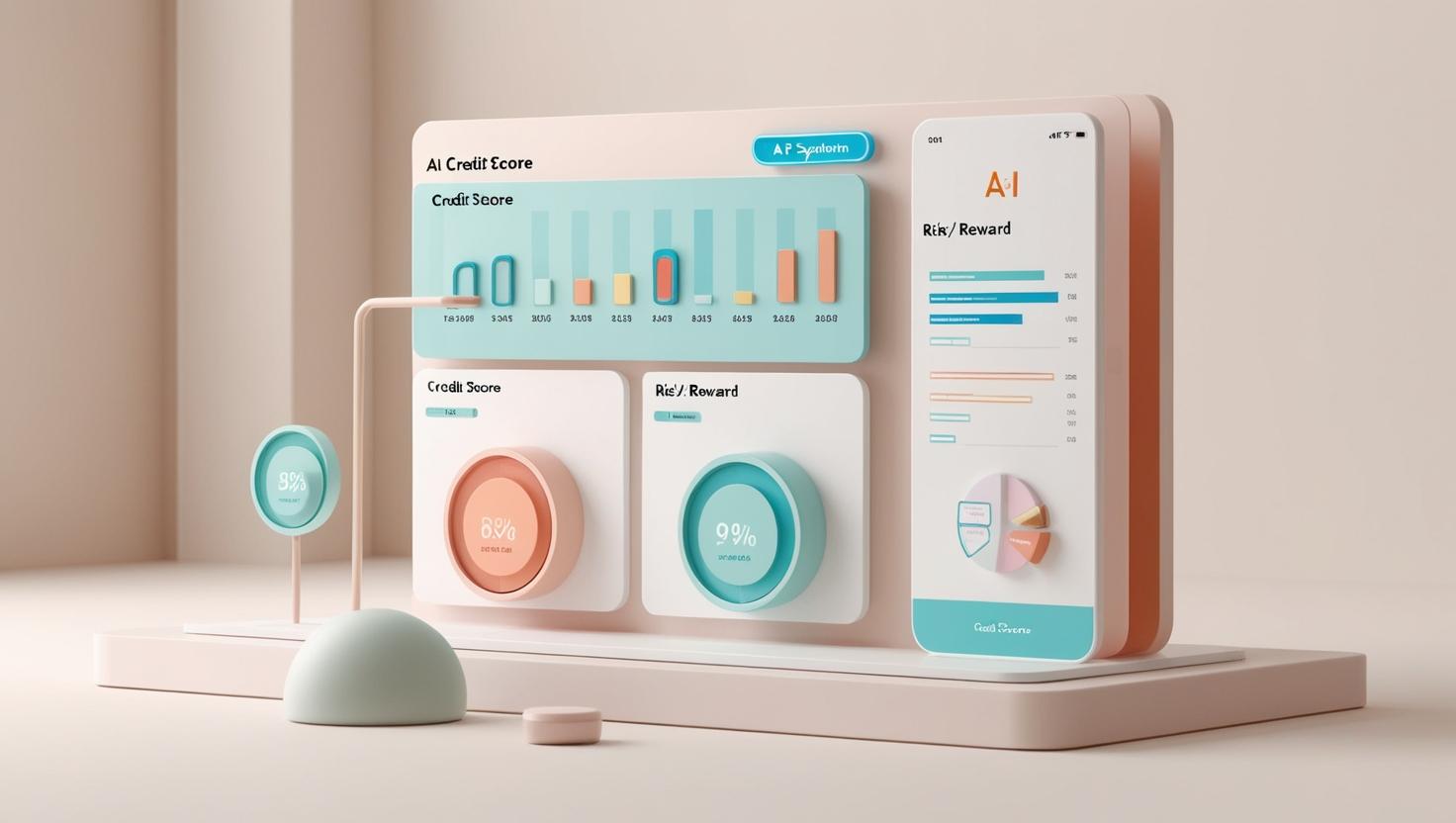 3D AI with credit score icons and risk_reward charts in a light style, no more element, no word.jpg
