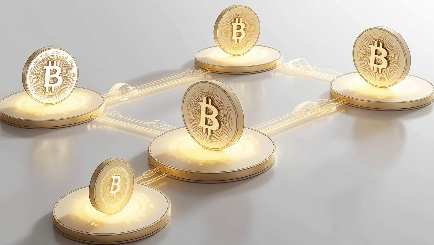 3D interconnected blockchains with data flowing between them in a light style, no more element, no word.jpg