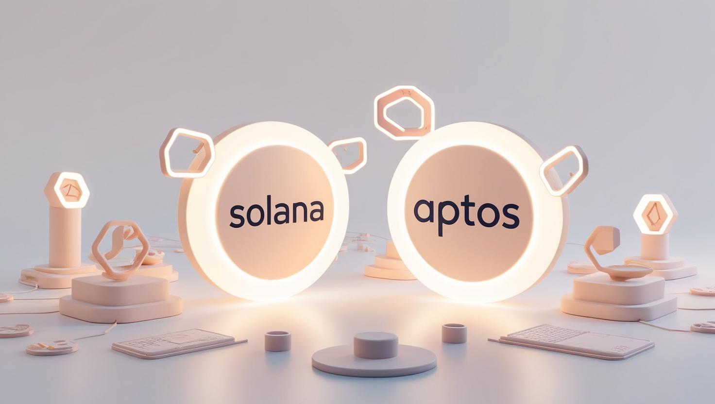 3D Glowing Solana and Aptos logos with developer tools and blockchain nodes in a light style, no more element, no word.jpg