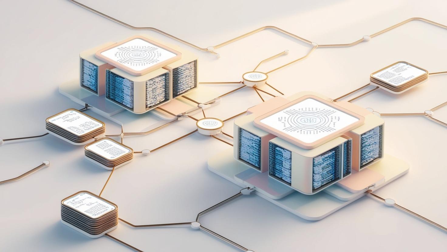 3D modular blockchain with interconnected layers and data flow in a light style, no more element, no word.jpg