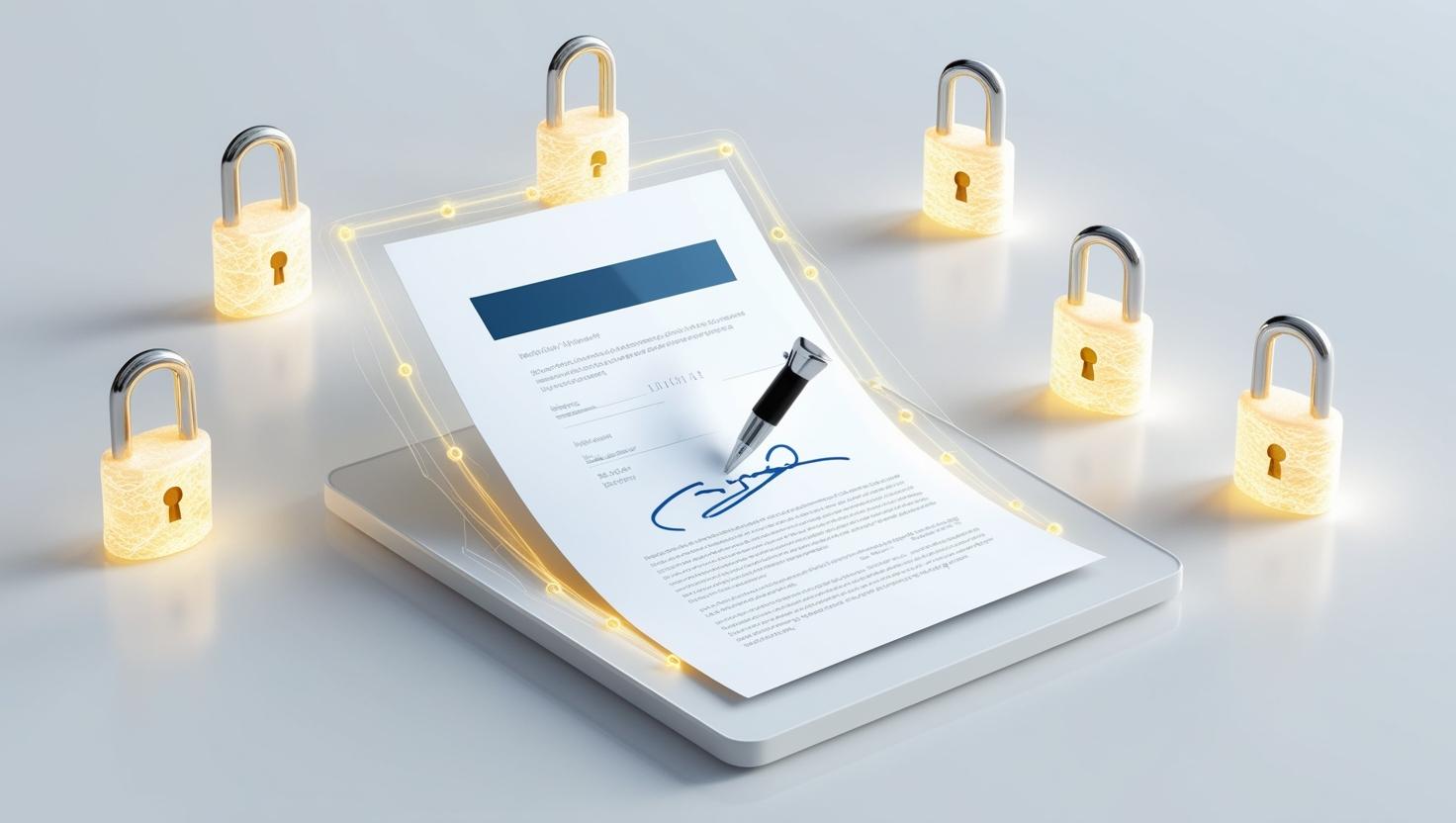 A 3D scene showing a digital document with a highlighted digital signature, surrounded by encryption locks and secure networks in a light style, no more element.jpg