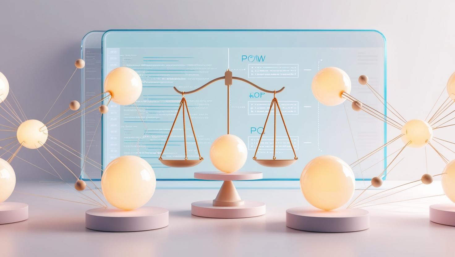 3D blockchain network with interconnected nodes, PoW and PoS icons balancing on scales, digital ledger in the background in a light style, no more element.jpg