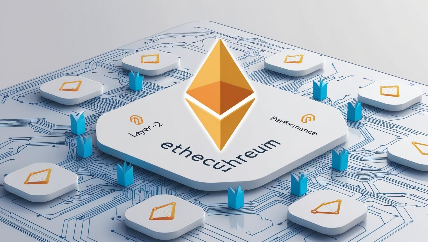 3D Ethereum blockchain with scaling solutions (Layer-2, sharding) and performance icons in a light style, no more element, no word.jpg