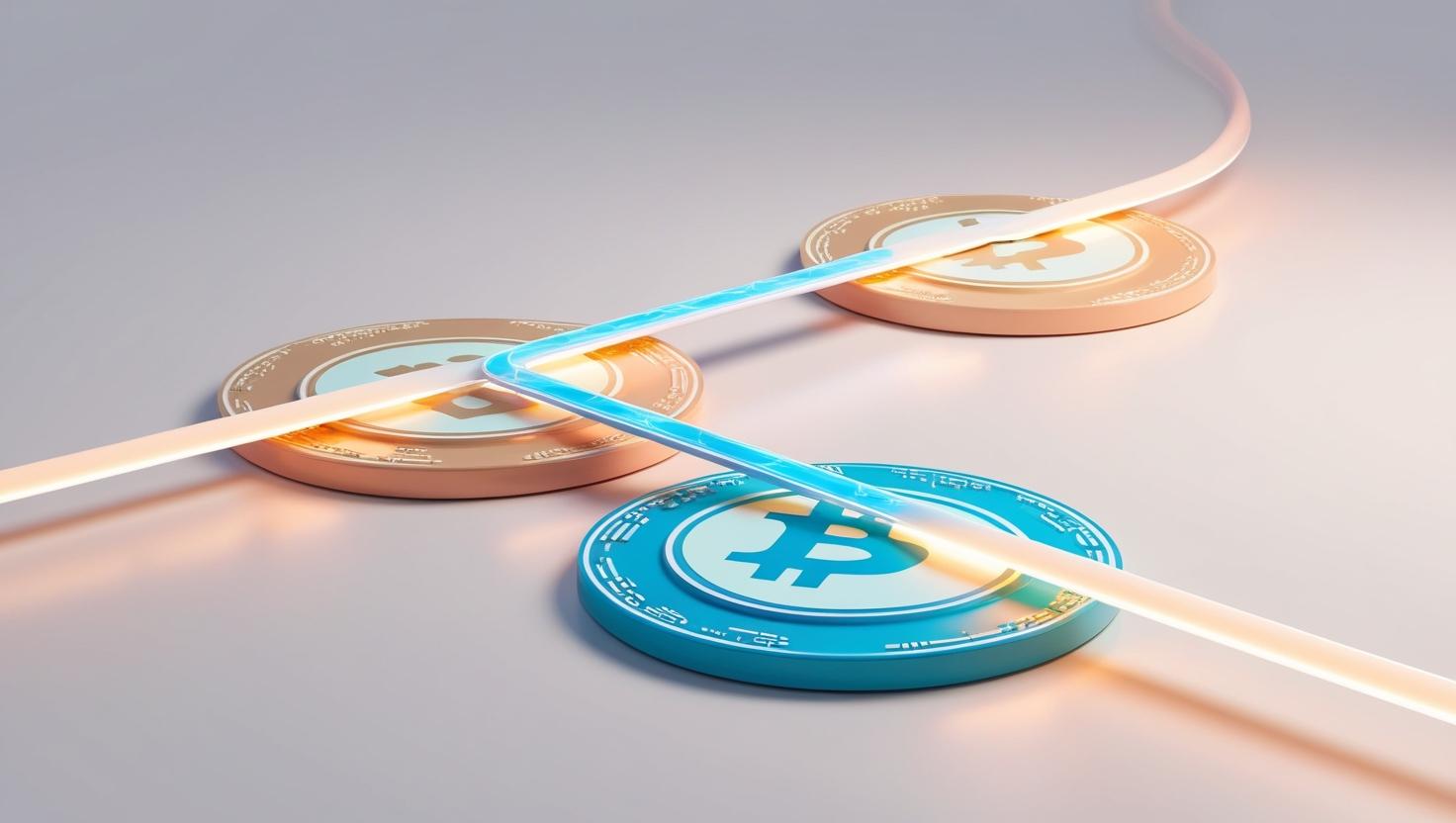 A 3D depiction of two separate blockchains connected by a glowing bridge, symbolizing the transfer of assets or data in a light style, no more element.jpg