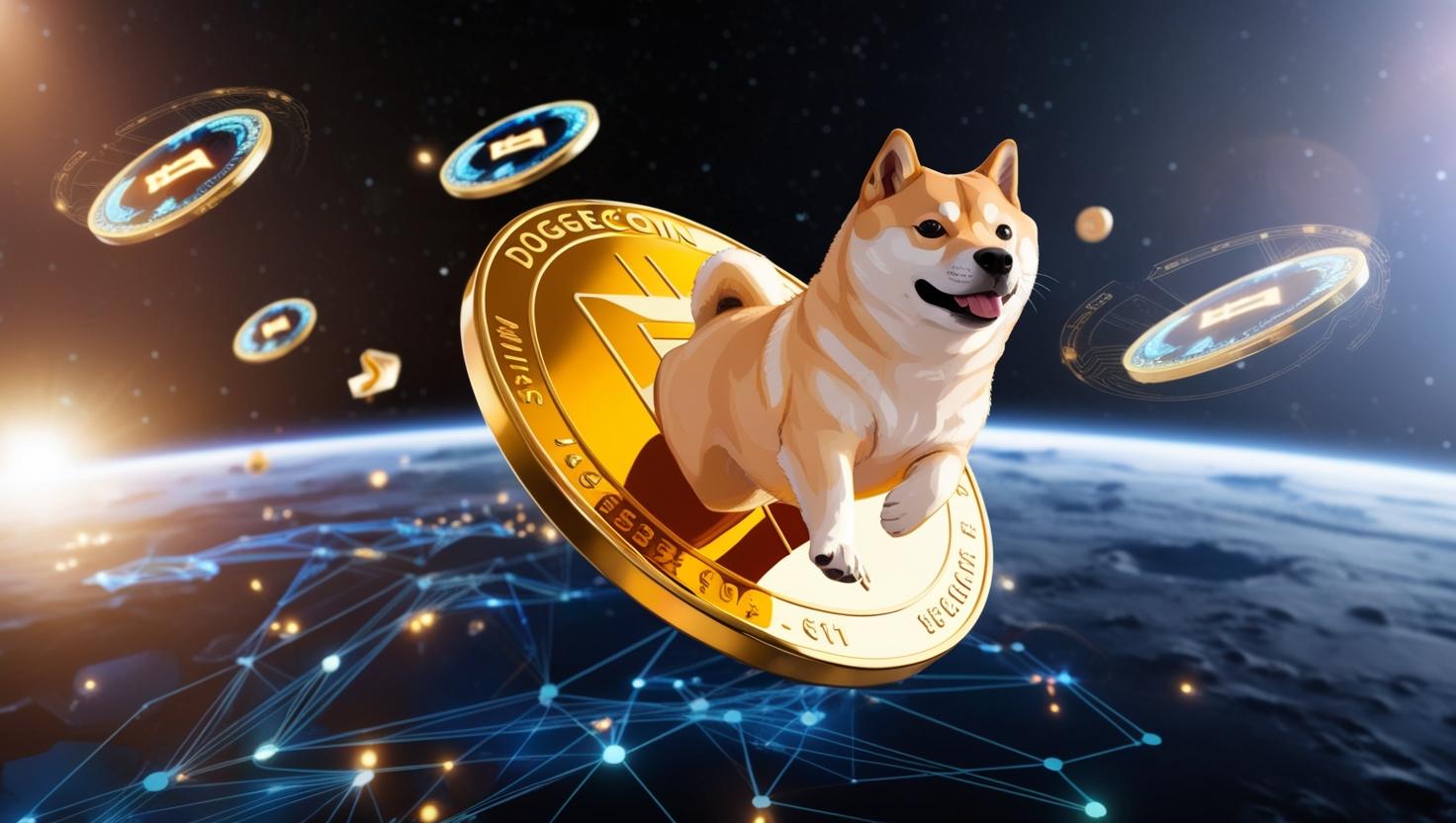 A 3D shiny gold Dogecoin featuring the famous Shiba Inu dog, floating in space with digital blockchain elements and playful in a light style, no more element.jpg
