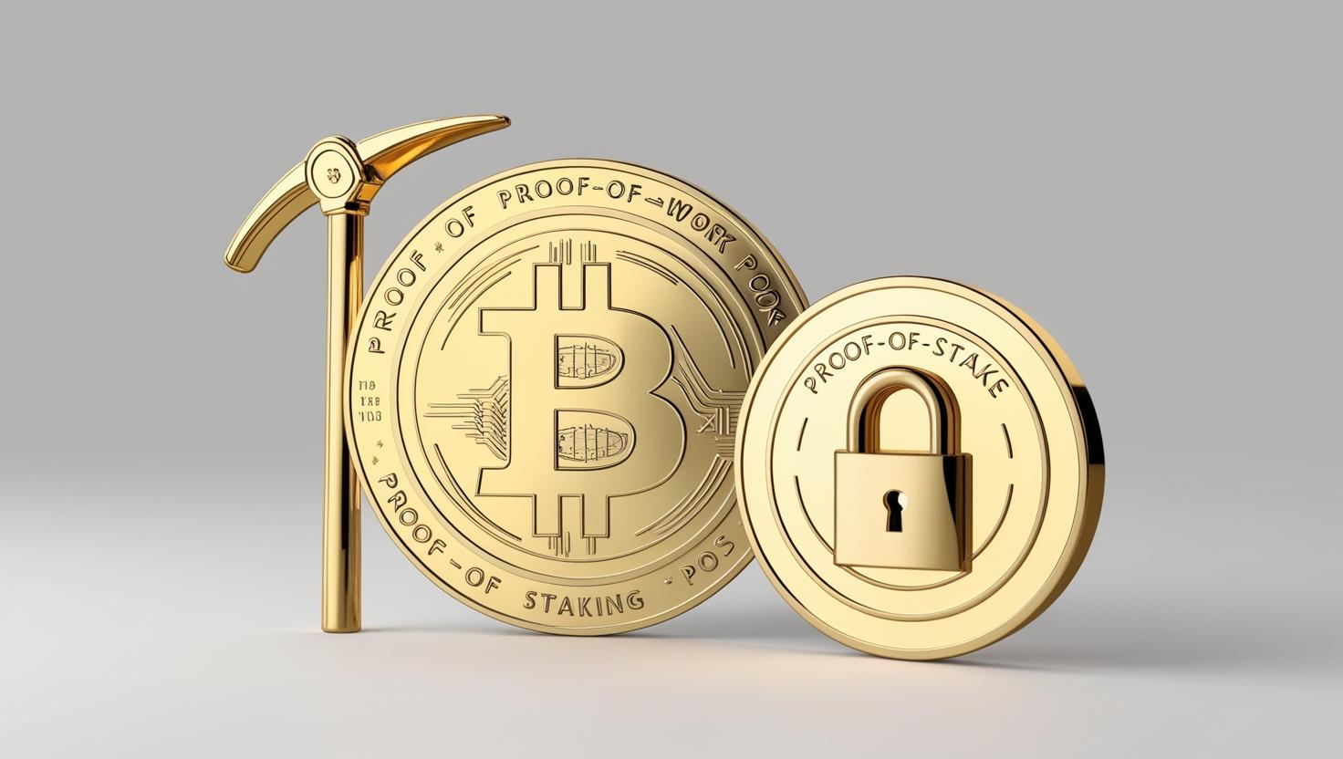 3D Bitcoin with pickaxe (PoW) and staking coin with lock symbol (PoS) in a light style, no more element.jpg