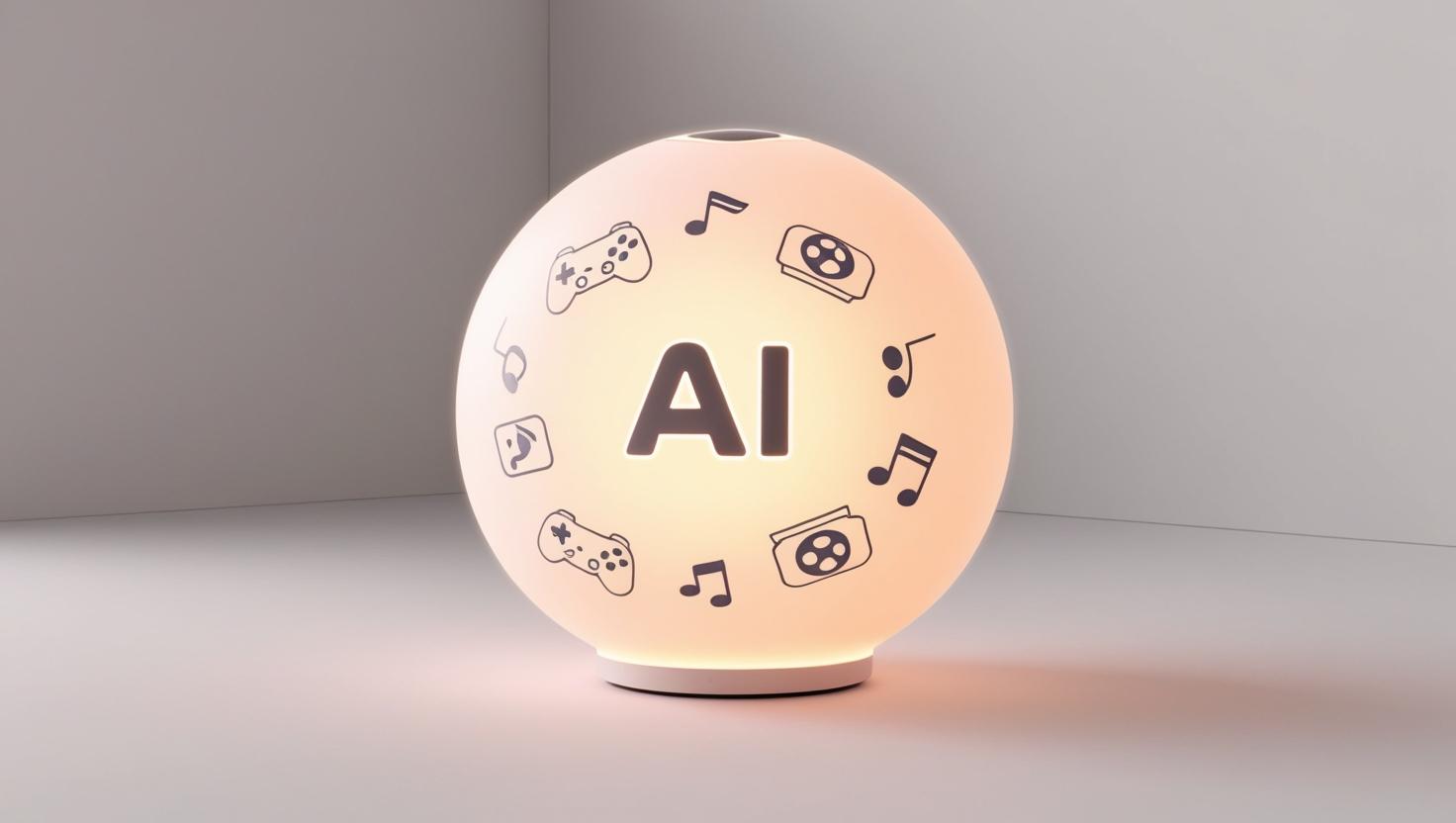 3D Glowing AI with gaming and entertainment icons in a light style, no more element, no word.jpg
