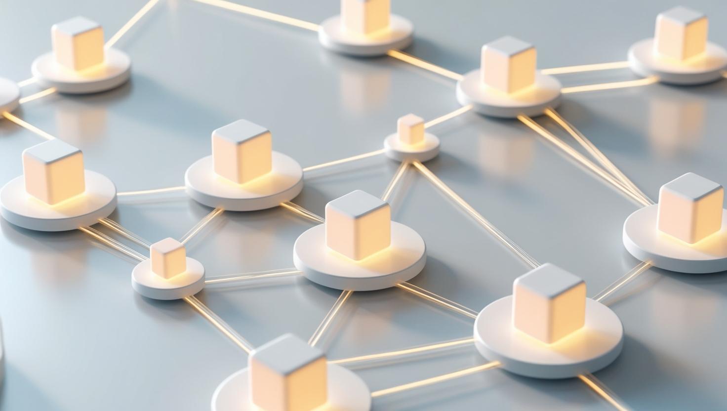 A 3D network of interconnected nodes, each representing a computer or device, with lines connecting them to show decentralized, direct communication in a light style, no more element.jpg