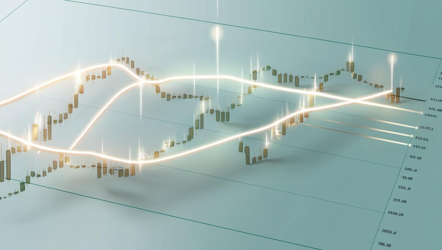 A 3D visualization of a crypto price chart with dynamic Bollinger Bands (upper, lower, and middle lines) glowing and fluctuating in a light style, no more element.jpg