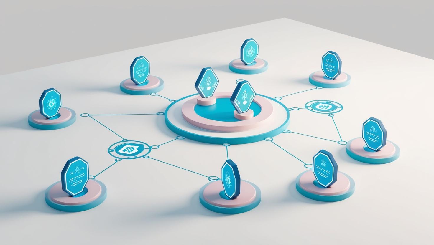 33D blockchain network with decentralized lending and borrowing icons, smart contracts in motion in a light style, no more element, no text (1).jpg