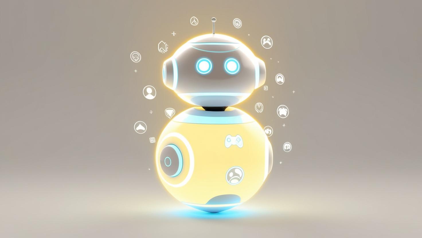 3D Glowing AI bot with gaming and entertainment icons in a light style, no more element, no word.jpg