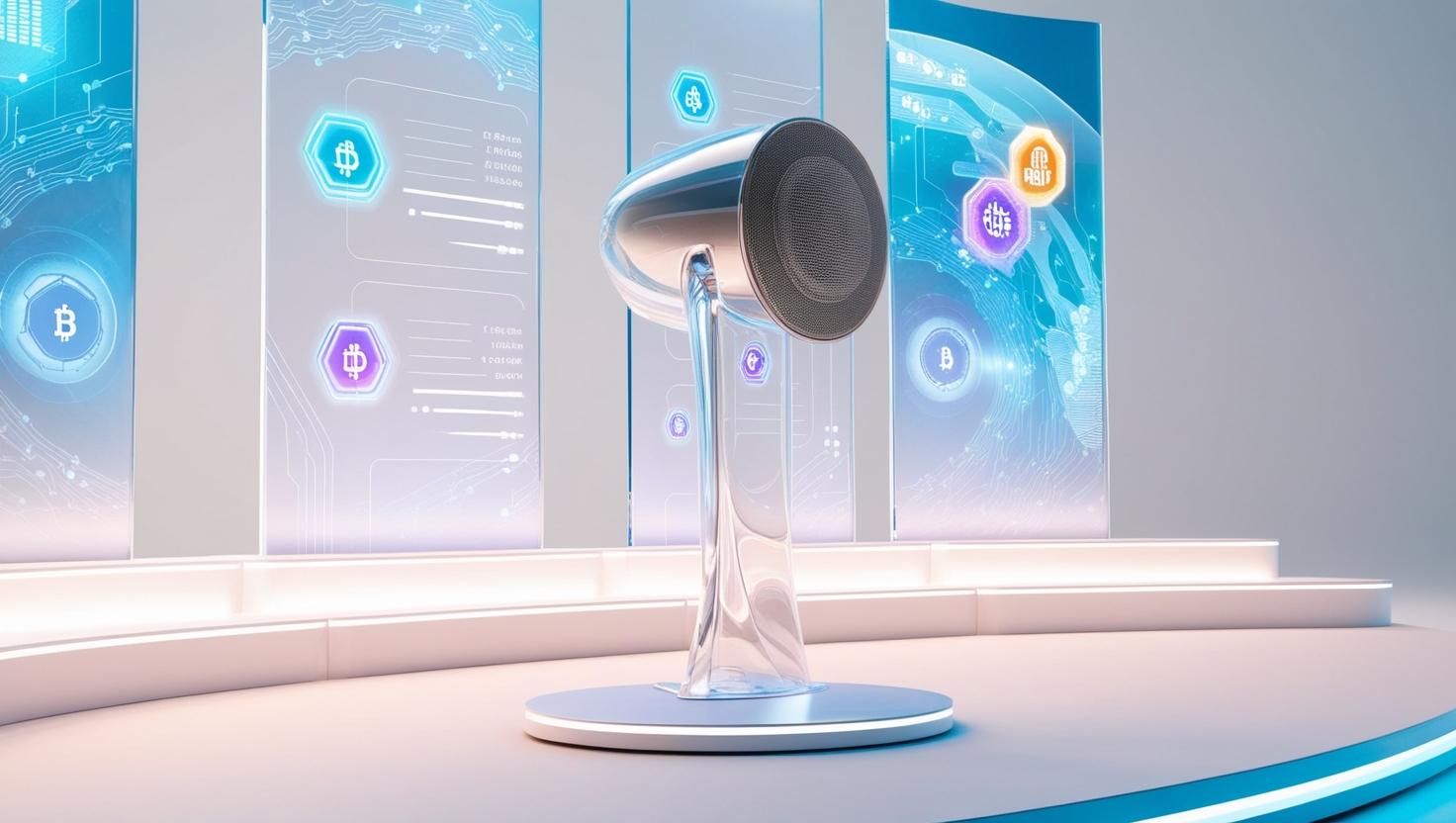 3D speaker at a futuristic conference stage, transparent blockchain layers, tech data visuals, transparency icons in a light style, no more element.jpg