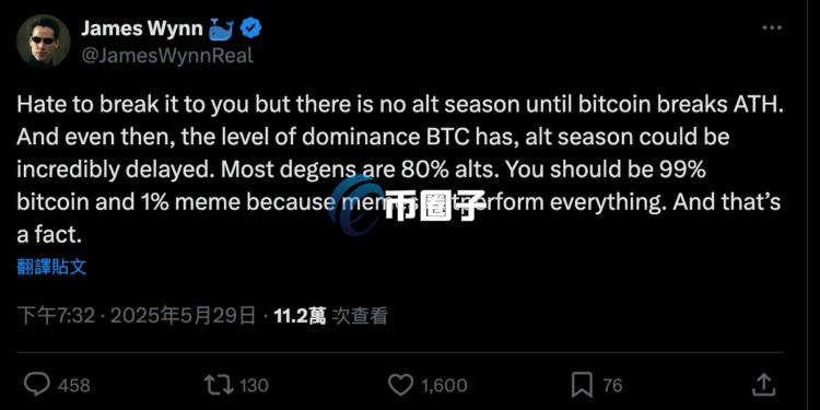 巨鲸James Wynn看多比特币却反手做空!并建议配置99%BTC与1%Meme币 巨鲸James Wynn看多比特币却反手做空!并建议配置99%BTC与1%Meme币