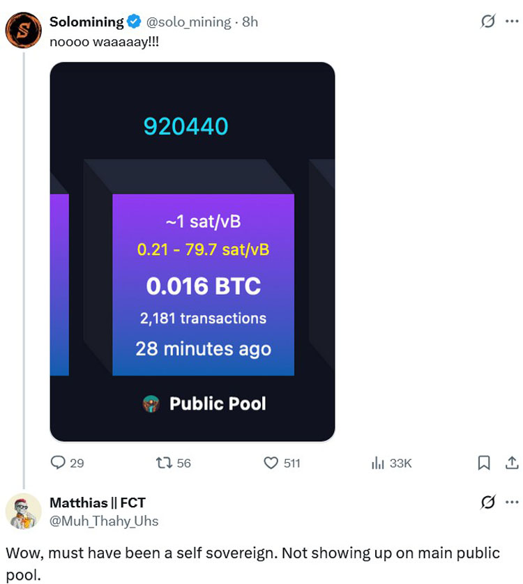 独立BTC矿工获34.7万美元