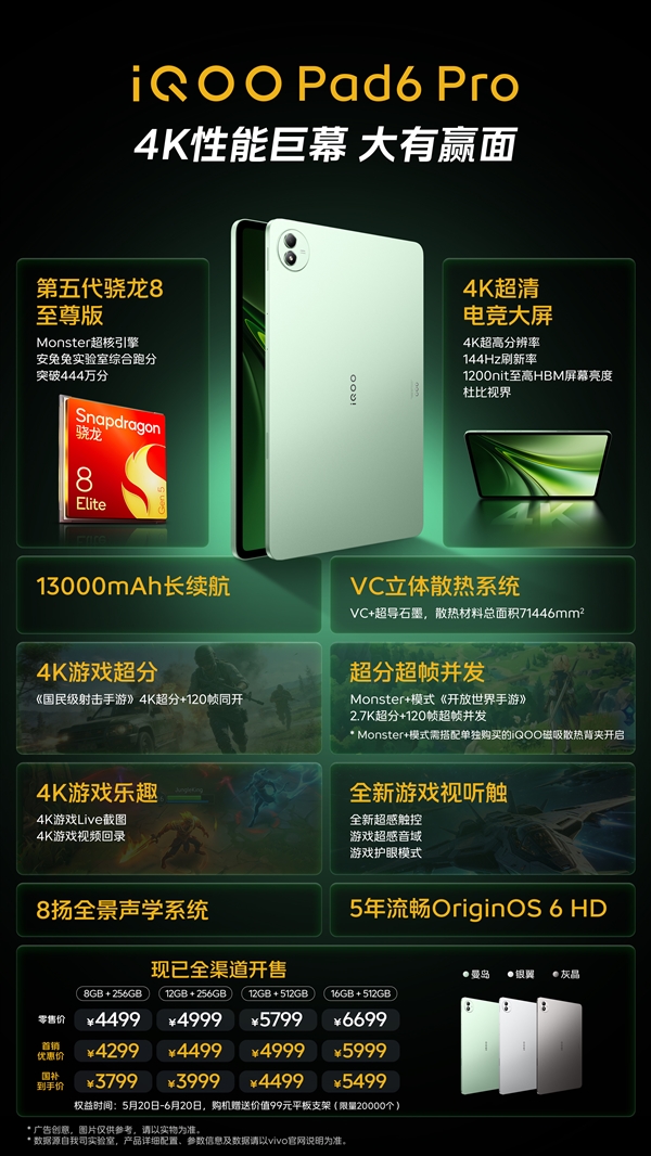 3799元起！一图读懂iQOO Pad6 Pro：4K板皇 5年流畅
