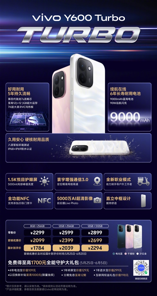 国补1784元起!vivo Y600 Turbo发布:9000mAh电池干掉充电宝 6年耐用