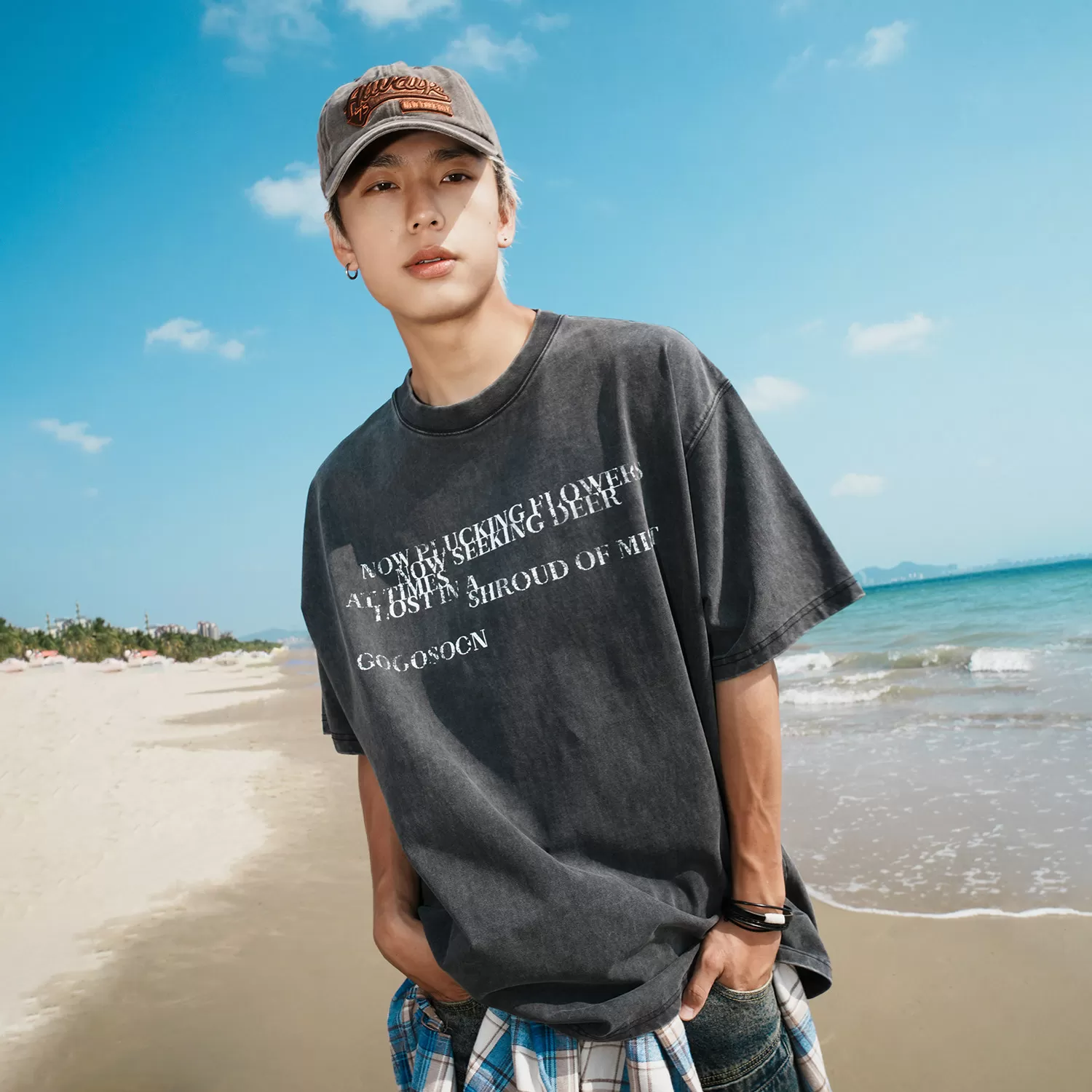 GOGOSOON 100%棉280g双纱做旧水洗 设计感美式短袖T恤上衣男夏季